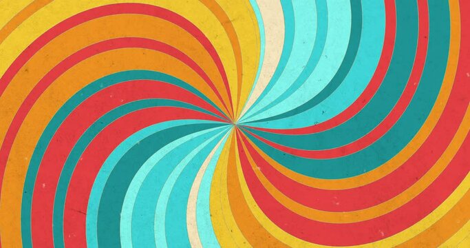 4k animated seamless looping comic background. Colorful amazing spectrum. Swirl beam pattern. Old poster texture. Rainbow colors animation. Sun ray multicolor illustration. Burst boom sales ad  banner