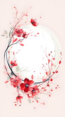 a white circle with red flowers on it. Abstract Crimson foliage background with negative space for copy..