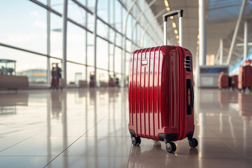 Red travel luggage suitcase, airport terminal. AI generated.