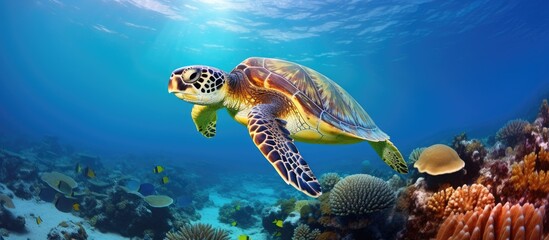 Obraz na płótnie Canvas Green Sea Turtle swimming in a tropical coral reef With copyspace for text