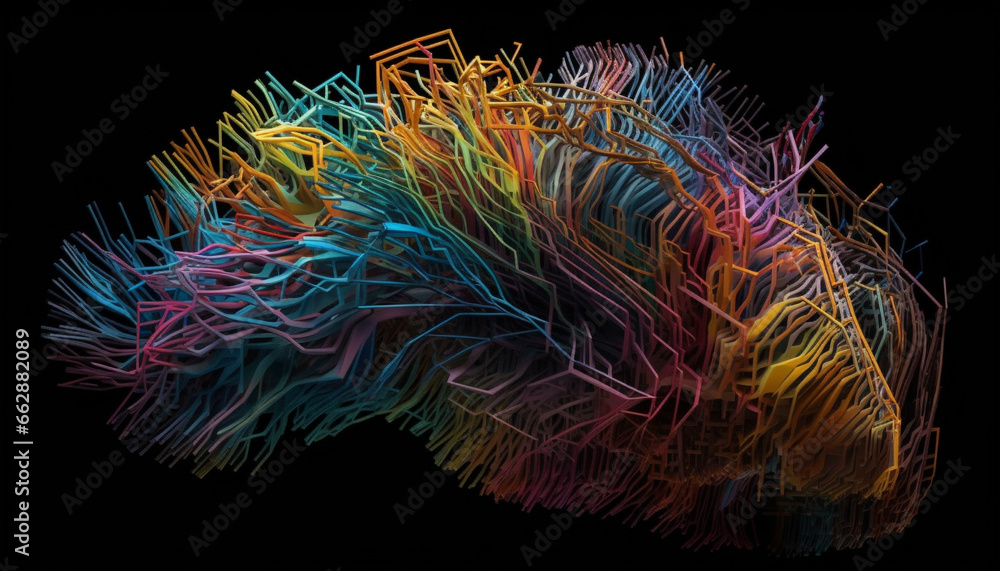 Poster abstract multi colored fractal pattern glowing on black background, futuristic design generated by a