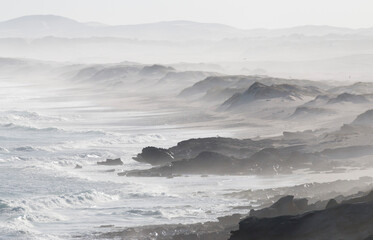 misty gray shoreline with sand dunes, rocks and waves, De Hoop Nature Reserve, Overberg, South...
