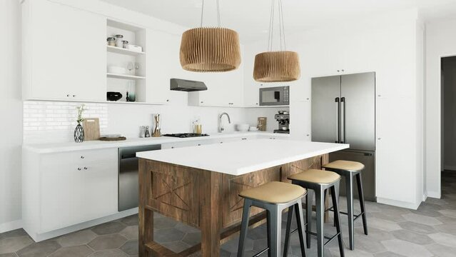 White kitchen with wood island and patterned wood fixtures with kitchen appliances and utensils. 