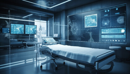 Modern hospital ward with advanced equipment and futuristic architecture generated by AI
