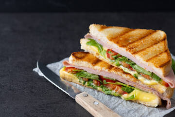 Panini sandwich with ham, cheese, tomato and arugula on black slate background