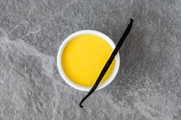 Homemade vanilla custard in white bow on gray stone background. Top view