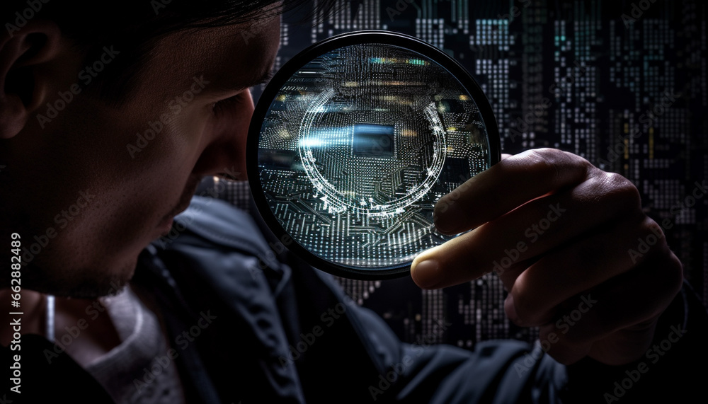 Aufkleber businessman working late in futuristic skyscraper, analyzing data on computer generated by ai