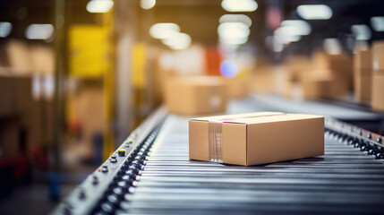 Generative AI, cardboard box packages moving along a conveyor belt	
