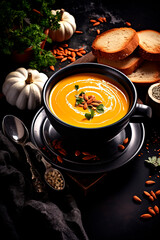 Appetizing pumpkin soup. Autumn atmosphere. Cosiness. Generative AI