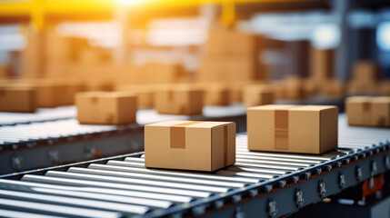 Generative AI, cardboard box packages moving along a conveyor belt	
