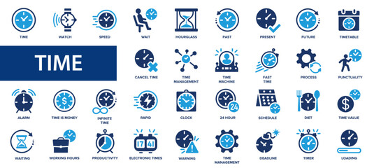 Time flat icons set. Timer, watch, alarm, schedule, hourglass, clock icons and more signs. Flat icon collection. - obrazy, fototapety, plakaty