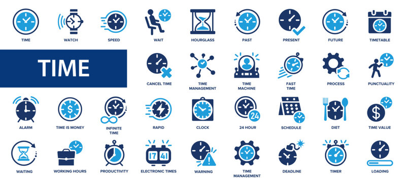 Time flat icons set. Timer, watch, alarm, schedule, hourglass, clock icons and more signs. Flat icon collection.