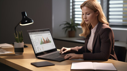 Close up portrait of beautiful businesswoman working with laptop in office.