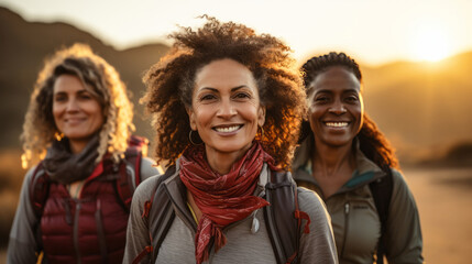 Women Smiling at camera during sunset hike. Group hike. Lifestyle concept.