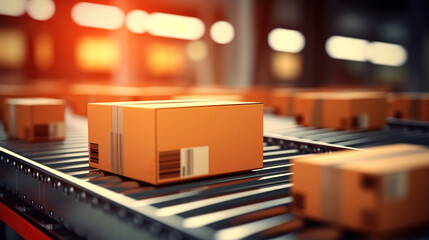 Generative AI, cardboard box packages moving along a conveyor belt	
