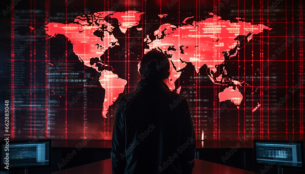 Poster global businessman standing, watching world map on glowing computer monitor generated by ai
