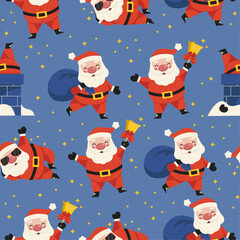 Seamless holiday pattern. Santa Claus with a bag of gifts, ringing a bell, stuck in a chimney and wearing sunglasses. Merry Christmas. Vector graphic.