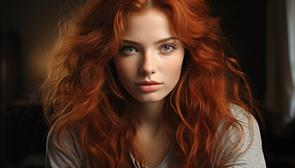 Fototapeta premium Beautiful woman with long, curly brown hair exuding confidence and elegance generated by AI