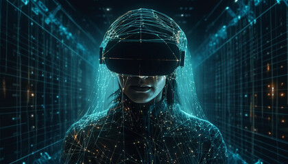 Futuristic cyborg smiling, standing in virtual reality simulator wearing smart glasses generated by AI
