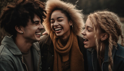 Fototapeta premium A group of young adults embrace in carefree, playful togetherness generated by AI