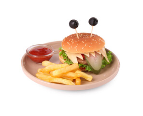 Cute monster burger served with french fries and ketchup isolated on white. Halloween party food