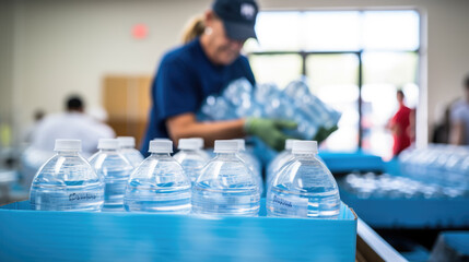 Volunteer prepares clean water bottles for charity - obrazy, fototapety, plakaty