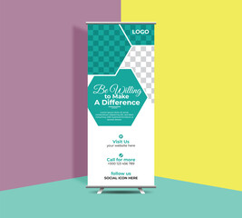 modern creative vector roll up banner design for marketing. business roll up banner design template with green color variations. roll up banner for shop.
