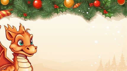 Obraz na płótnie Canvas Christmas banner with blank space for text, cute cartoon dragon with christmas decorations. Generative AI