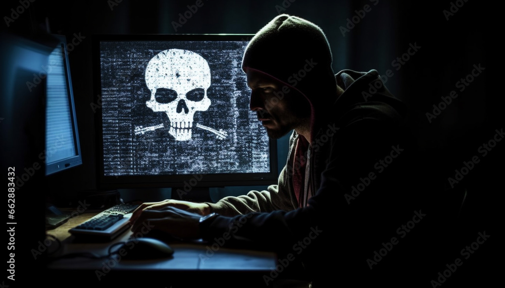 Poster one programmer working late, typing password, unaware of lurking thief generated by ai
