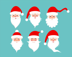 Santa Claus head flat style set. Vector Christmas set of funny Santa Claus character set with beard and hats.