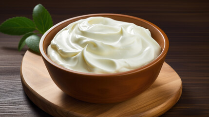 Sour cream in a bowl on a wooden background