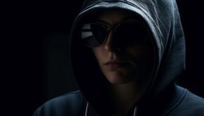 Hooded burglar in black clothing, looking serious in close up portrait generated by AI