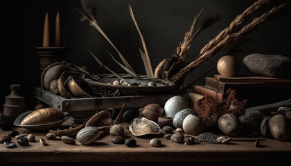 Rustic seashell collection decorates old table with ancient mollusk souvenir generated by AI