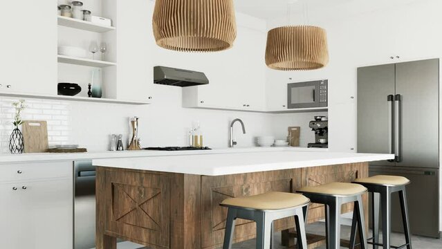 White kitchen with wood island and patterned wood fixtures with kitchen appliances and utensils. 
