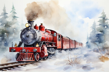 Naklejka premium a watercolor painting of a red steam train traveling through a snowy mountain landscape