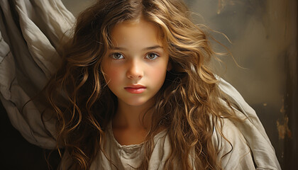Fototapeta premium Cute Caucasian girl with long curly hair smiling at camera generated by AI