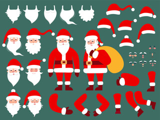 Constructor of Santa Claus flat style. Different faces, Christmas hats, mustache, beard and body part vector set. Santa Claus creation kit vector flat style.