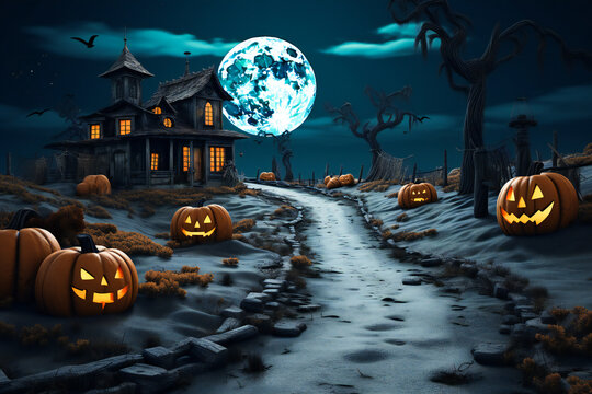 Halloween haunted house with scary moon and pumpkins