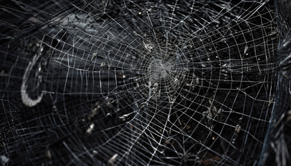 Obraz premium Spooky spider spins wet web, catching dew drops in autumn generated by AI