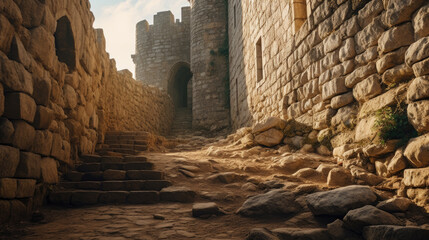 A medieval castle where a towering stone wall © redflower