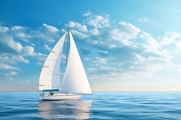 Obraz premium Small white sailboat on the blue sea in a clear day