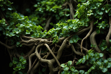 A tangle of tree branches intertwined with ivy, forming an intricate natural sculpture in a forest grove. Concept of organic artistry. Generative Ai.