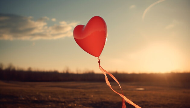 Romantic heart shaped balloon flies in colorful sunset sky outdoors generated by AI
