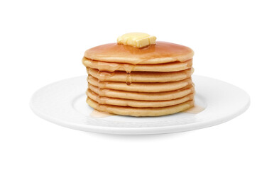 Delicious pancakes with honey and butter isolated on white