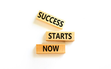 Success starts now symbol. Concept word Success starts now on beautiful wooden block. Beautiful white table white background. Business motivational success starts now concept. Copy space.