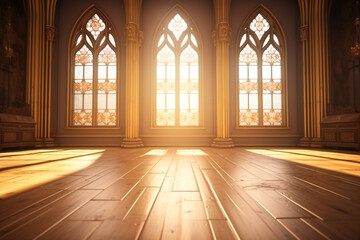 Inside of a gothic cathedral with wooden floor and carved stone