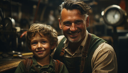 Obraz premium Smiling father and son, bonding, looking at camera, happiness together generated by AI