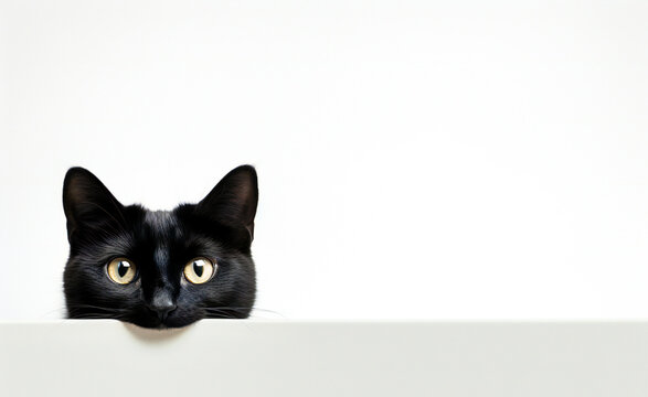 Black cat against white background with copyspace