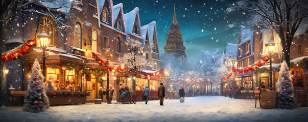 Beautiful romantic Christmas market in an old European city in the night - obrazy, fototapety, plakaty