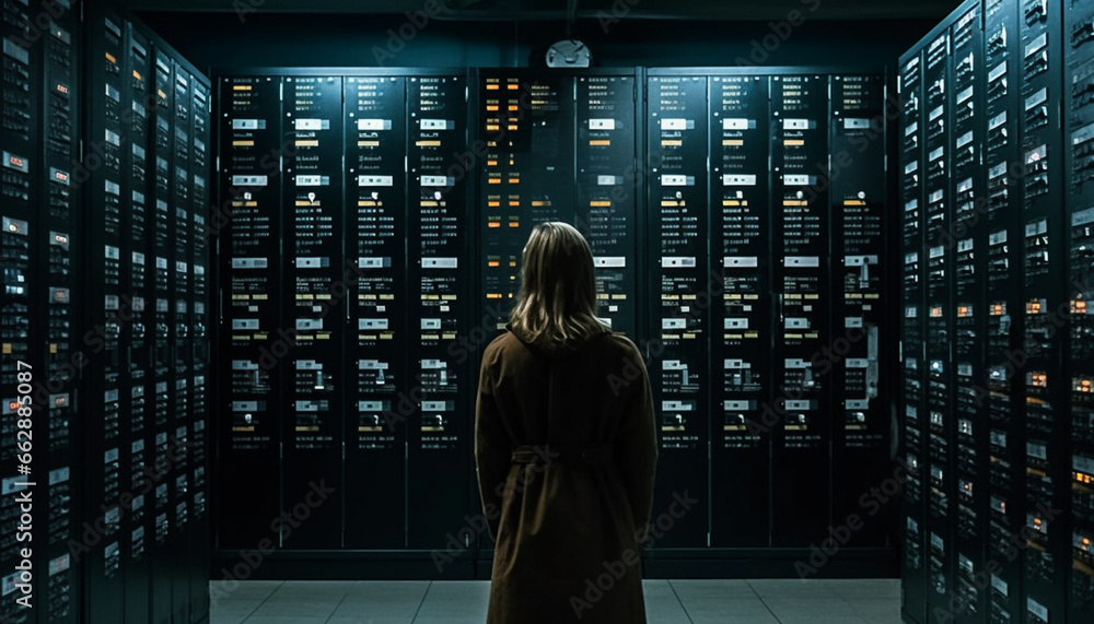 Poster one person working on computer equipment inside a futuristic library generated by ai